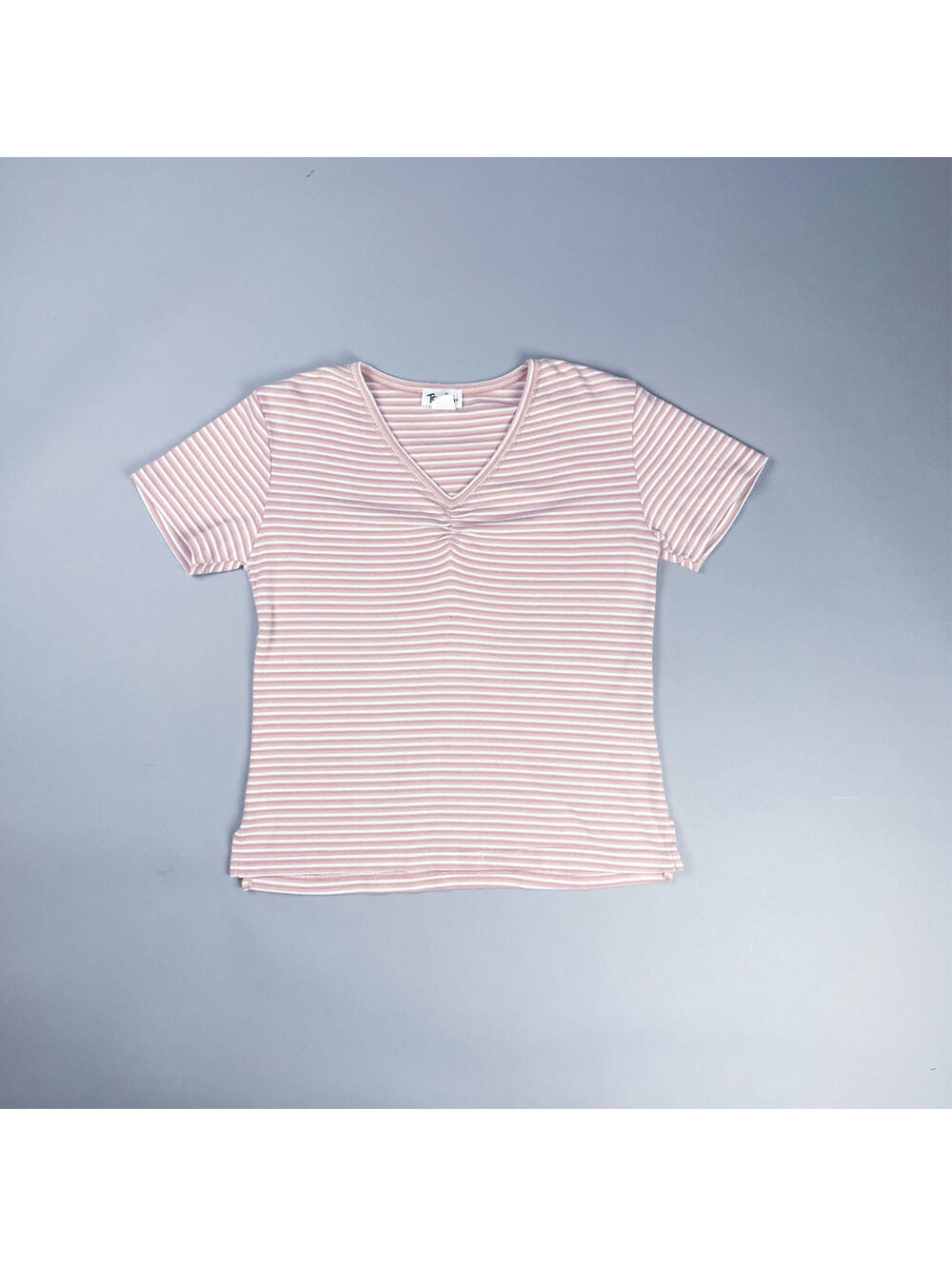 90's Striped T-Shirt, Women's Pink and White Striped Short Sleeve V-Neck Shirt